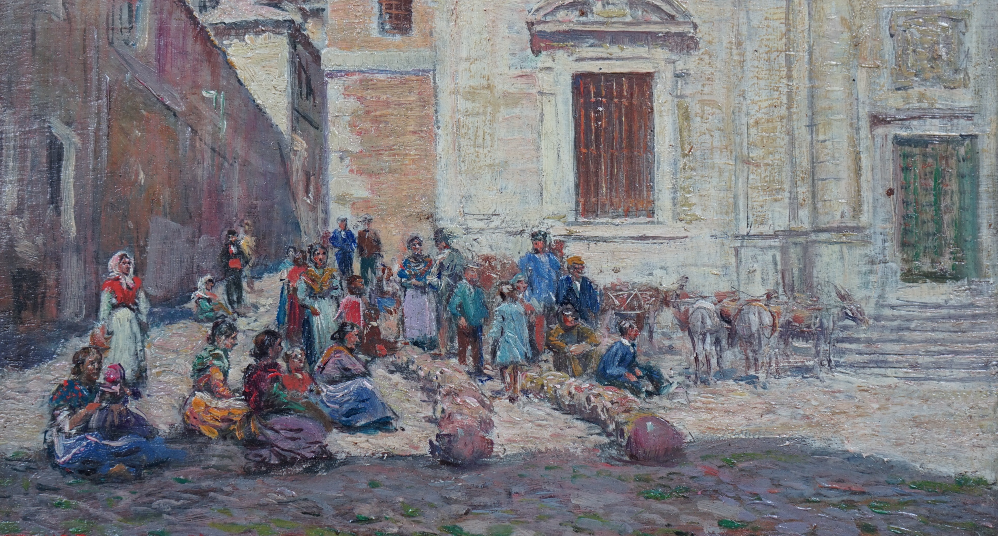 Arthur Trevor Haddon (British, 1864-1941), Figures in a Spanish town square, oil on panel, 11.5 x 21cm